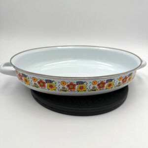 Retro MCM Enamel Ware Oval Open Roasting Pan With Flowers Design